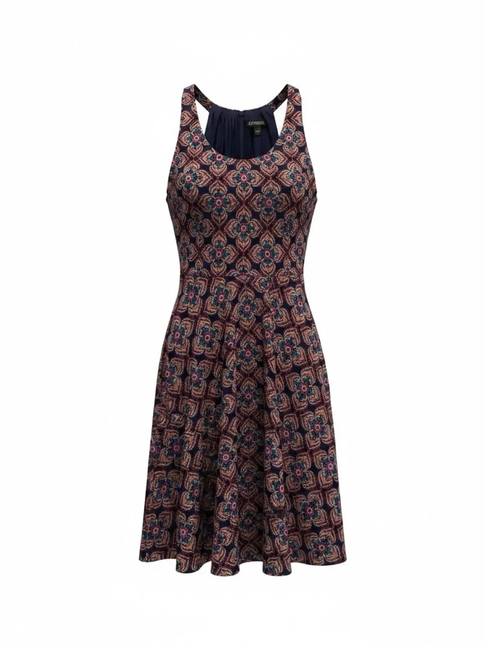 Express Navy and Burgundy Printed Midi Fit-and-Flare Dress